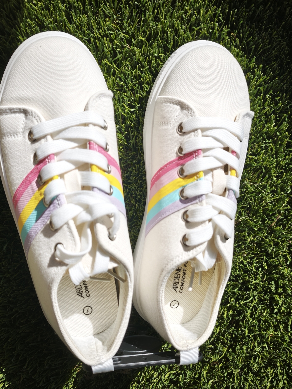 Ardene Cream Canvas Sneakers with Pink, Yellow & Aqua Stripes